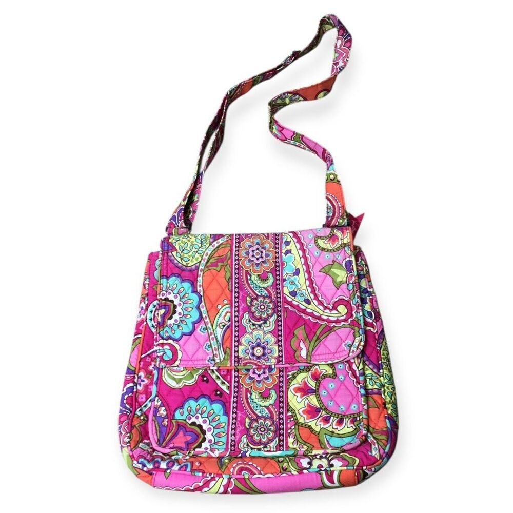 VERA BRADLEY Women’s Pink Swirls Paisley Quilted Multi Pocket Crossbody Bag